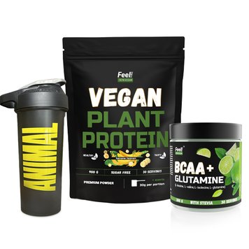Набір Vegan Fitness (Протеїн BLEND смак Банановий рай 900г + BCAA 2:1:1х Glutamine 300г Лайм + шейкер) Київ